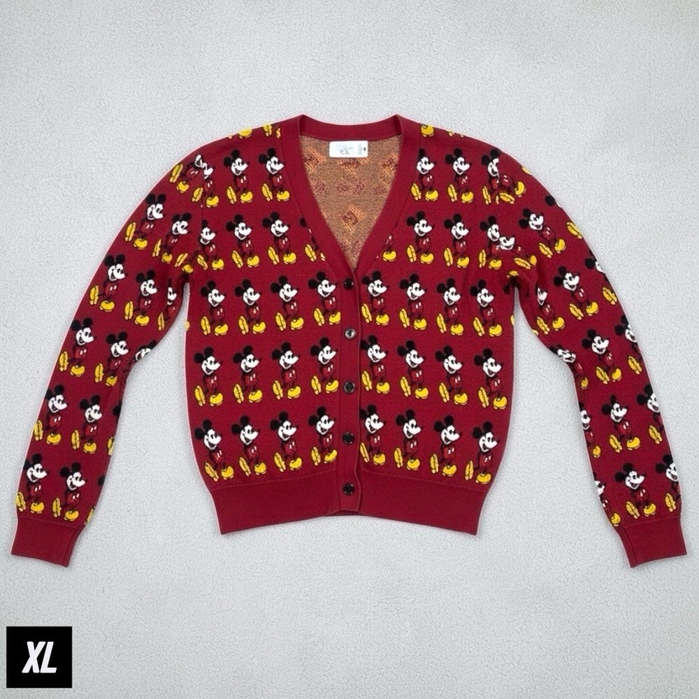 Disney Mickey Mouse Allover Print Cardigan Sweater Red Adult XL Buttons‎ Retro